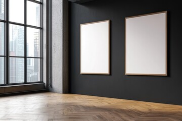 Two Blank White Frames Hanging Against a Dark Wall Indoors