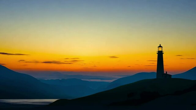 A lighthouse stands tall on a hill, its light shining brightly as the sun sets behind the mountains. The colorful sky reflects on the calm water below, creating a serene atmosphere.
