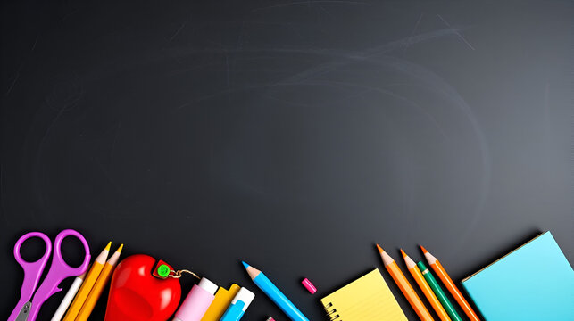 School supplies top border banner. Top view on a chalkboard background with copy space. Back to school concept.