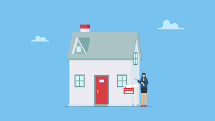 Vector illustration of real estate agent offers property. Happy real estate agent standing with a for sale sign for a eco home.