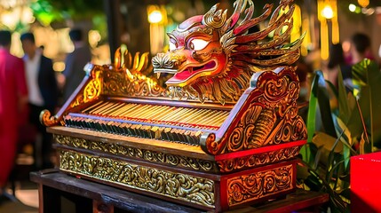 Ornate dragon-headed musical instrument at night.