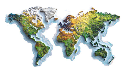 Sleek 3D World Map on Isolated White Background - Professional Design