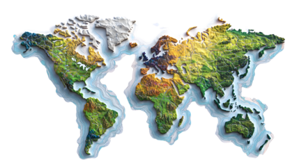 Sleek 3D World Map on Isolated White Background - Professional Design