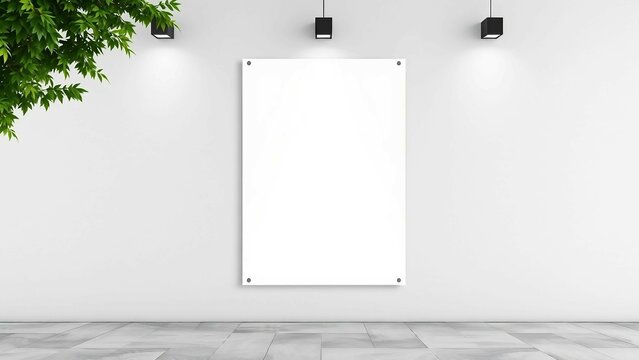 Leere wei&szlig;e Leinwand an heller Wand mit Spots und Pflanze. Ideal f&uuml;r Poster oder Kunstpr&auml;sentation.