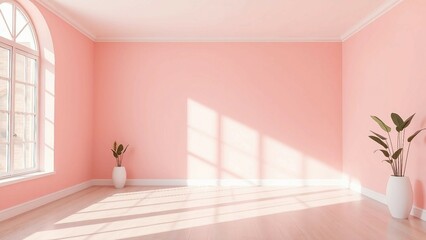 Fototapeta premium Pinkfarbener Raum mit Fensterlicht und Pflanzen. Minimalistisches Interieur in sanften Rosatönen.