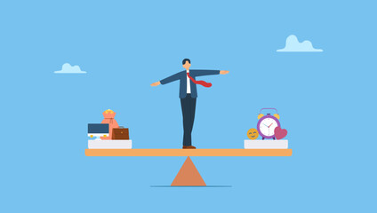 Fototapeta premium Vector illustration of work life balance concept. Employee, entrepreneur, businessman tries to balance his body on a seesaws. 