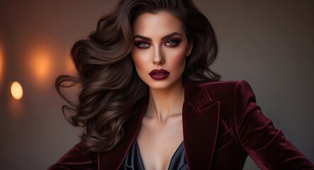 Glamorous woman poses confidently with striking makeup and elegant attire Generative AI