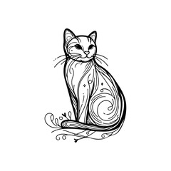 Cartoon illustration of a cute black cat silhouette with a tail, eyes, and playful character design