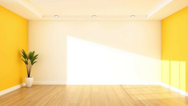Heller Raum mit gelben und wei&szlig;en W&auml;nden, Holzboden und Fensterlicht. Einzelne Gr&uuml;npflanze als Farbakzent.