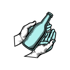 Hand holding a bottle of wine with a knife and other design tools in a vector icon style
