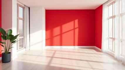 Fototapeta premium Heller, leerer Raum in verschiedenen Rottönen mit Fensterlicht. Ruhiges und modernes Interieur in Monochrom.