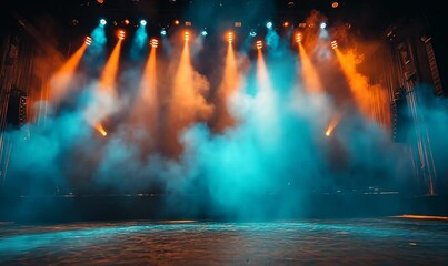 Vibrant concert stage with colorful lighting and smoke effects, ready for a live performance