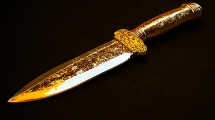 Ornate golden dagger with textured blade and handle, isolated on black.