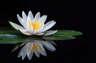A beautiful white water lily is reflecting in still dark water
