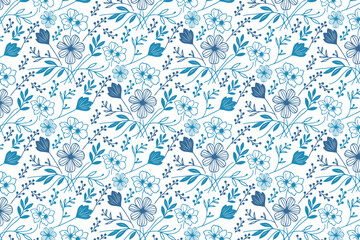 blue floral outline seamless pattern with hand drawn single line sketches of roses for elegant wrapping and fashion textiles

