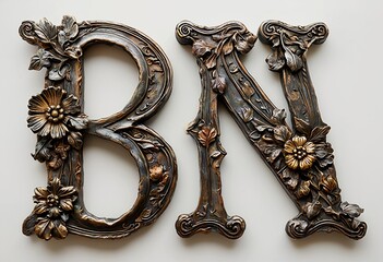 intricately carved and gilded letters b and n with floral embellishments rest against a neutral background.