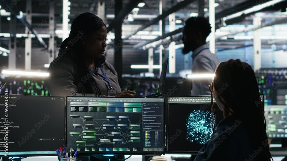 Poster data center manager supervising technician using node tree software to analyze datasets. server room