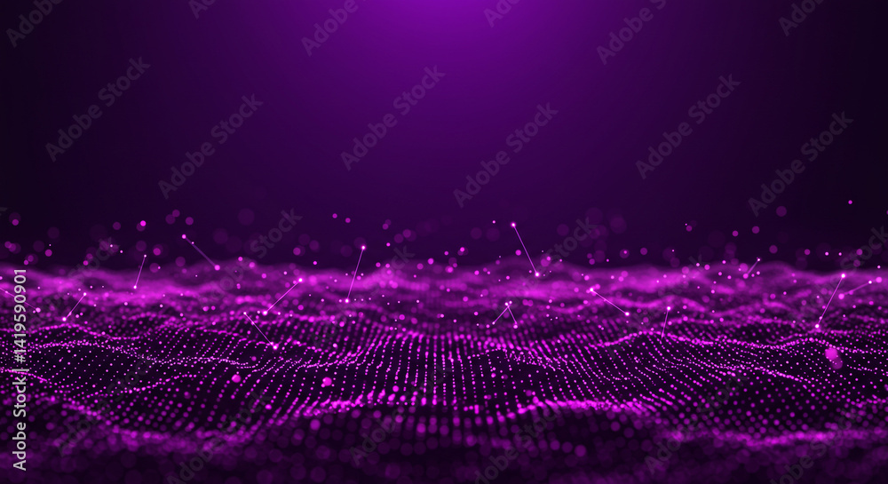 Wall mural a purple abstract background with wavy lines and dots connected by lines in a dark purple gradient