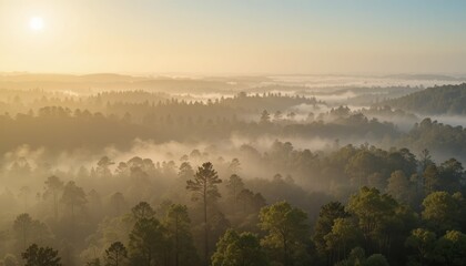 Fototapeta premium Majestic sunrise over misty forest landscape nature exploration aerial view tranquil environment serenity and beauty