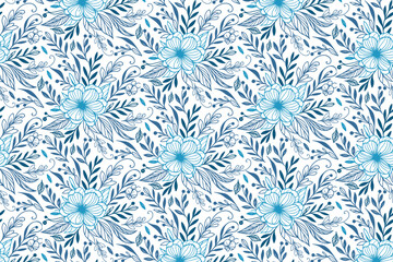 abstract seamless blue line art floral texture featuring roses cotton blooms and doodle leaves for wrapping paper and pillowcases

