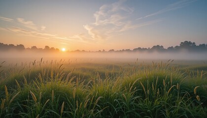 Obraz premium Calm sunrise over misty grasslands serene nature landscape early morning atmosphere peaceful view tranquility and renewal