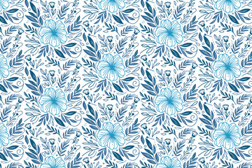 elegant hand drawn blue floral pattern with minimal line art rose leaves and flowers for home textile and fashion prints


