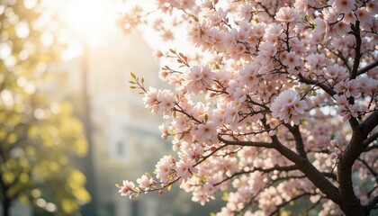 Fototapeta premium Spring blossoms in nature cherry trees in bloom beautiful garden scene serene environment morning light celebrating beauty of florals