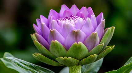 Close-Up of a Vibrant Purple Artichoke Flower Surrounded by Lush Green Leaves in a Natural Setting
