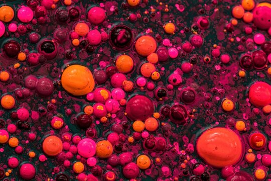 An abstract background of bobbly mixed pink, orange, and dark oil-based paints on a dark surface