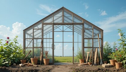 Gardening action in a greenhouse outdoor space nature scene bright environment front view plant growth concept for garden enthusiasts