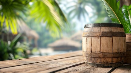 Naklejka premium Coastal Fish Sauce Factory Barrel Surrounded by Tropical Plants on a Wooden Surface