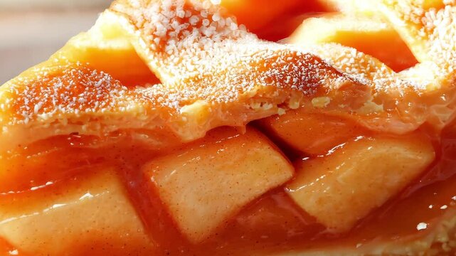 A slice of homemade apple pie is showcased in a cozy kitchen, featuring a flaky golden crust and warm apple filling. The sweet scent of cinnamon and baked apples fills the air.