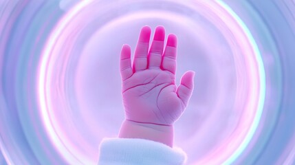 Obraz premium Delicate Tiny Hand of a Baby Reaching Upwards Against a Colorful Background
