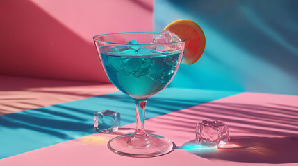 Blue Lagun Tropical Cold Drink in Martini Glass on Pastel Pink and Blue Background
