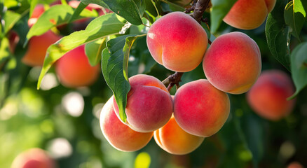Um cacho de p&ecirc;ssegos suculentos pendurados em um galho de &aacute;rvore, prontos para serem colhidos