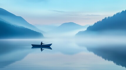Lone Boat on a Tranquil Lake Surrounded by Misty Mountains at Dawn