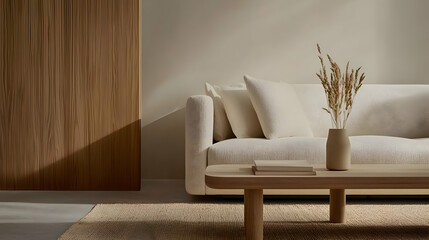 Beige Sofa With Wooden Accents In Modern Living Room