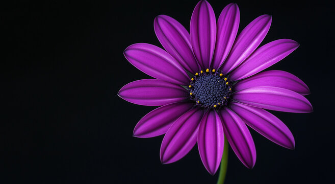 Foto em close de uma &uacute;nica flor roxa contra um fundo escuro