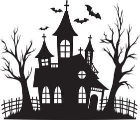 Halloween witch house black silhouette vector illustration on white background
