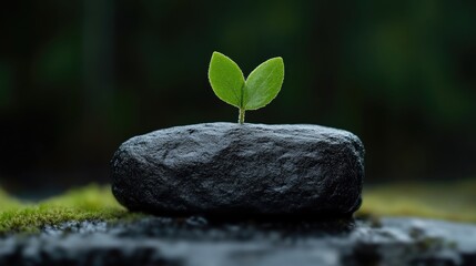 A tiny sprout emerging from a dark stone.  A delicate new life growing from a dark rock, surrounded by moss