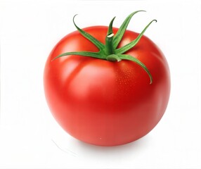Vivid Red Tomato with Fresh Green Tendrils on White Background Captured in High Resolution Close Up