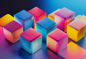 Obraz premium a vibrant arrangement of translucent, colorful cubes casts dynamic shadows on a gradient background.