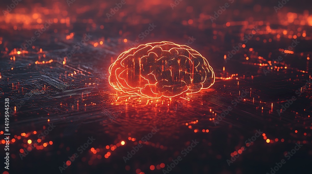 Poster a glowing brain-like structure surrounded by a network of illuminated connections in a dark setting