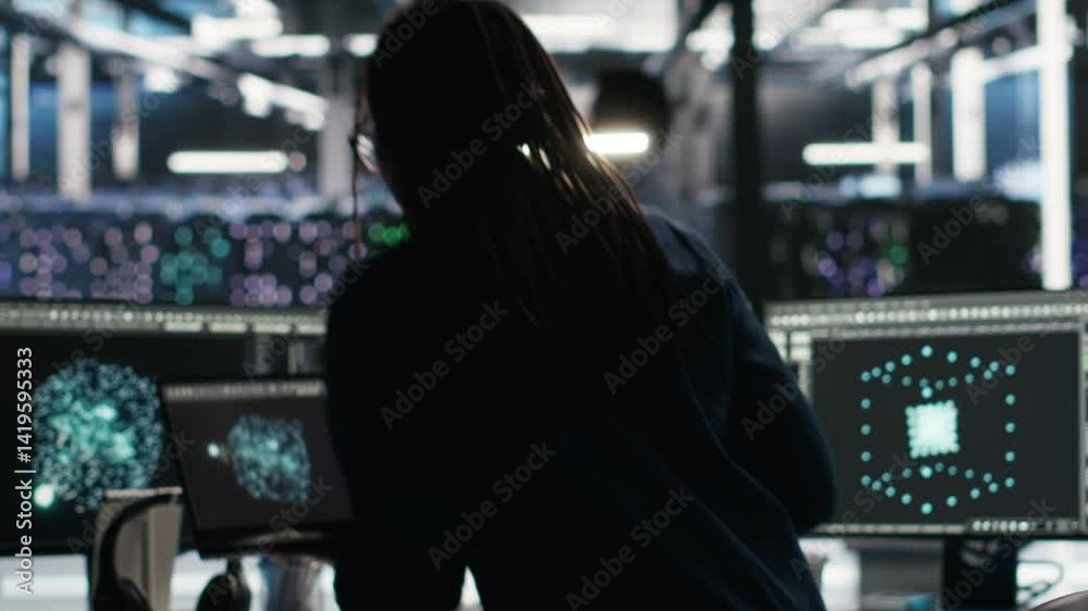 Poster data center programmer entering office uses node tree program to identify equipment performance issu