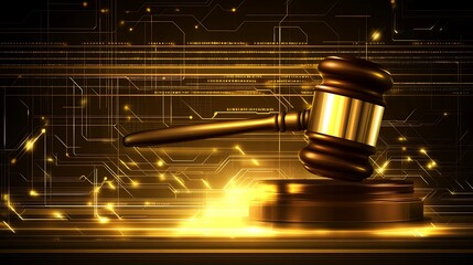 A golden gavel striking a sound block, symbolizing justice in a tech-inspired digital background