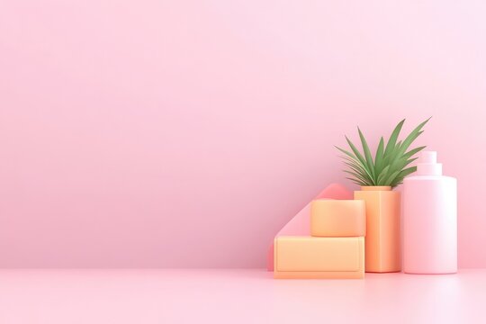 Pastel-toned beauty products on a soft pink background