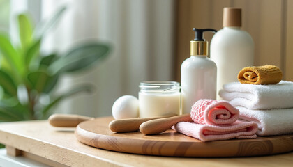 Spa and bath items on wooden board, for lifestyle blogs