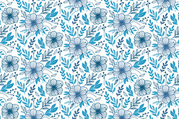 minimalistic blue floral one line seamless pattern with elegant sketches of cotton flowers for modern home textile and table fabric

