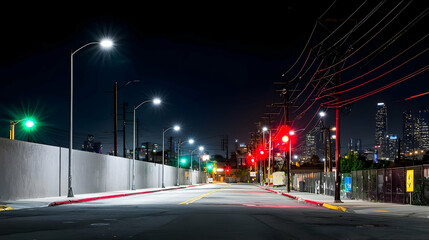 Empty City Alley at Night With Streetlights and Traffic Lights