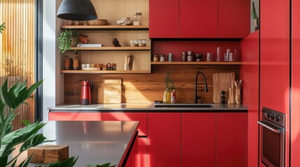 Modern kitchen showcases vibrant red cabinets and wooden accents